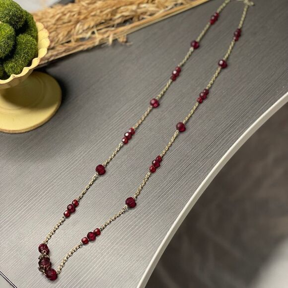 New York & Company Gold Tone Long Necklace w/ Red Beaded Detailing - OS - Picture 1 of 5